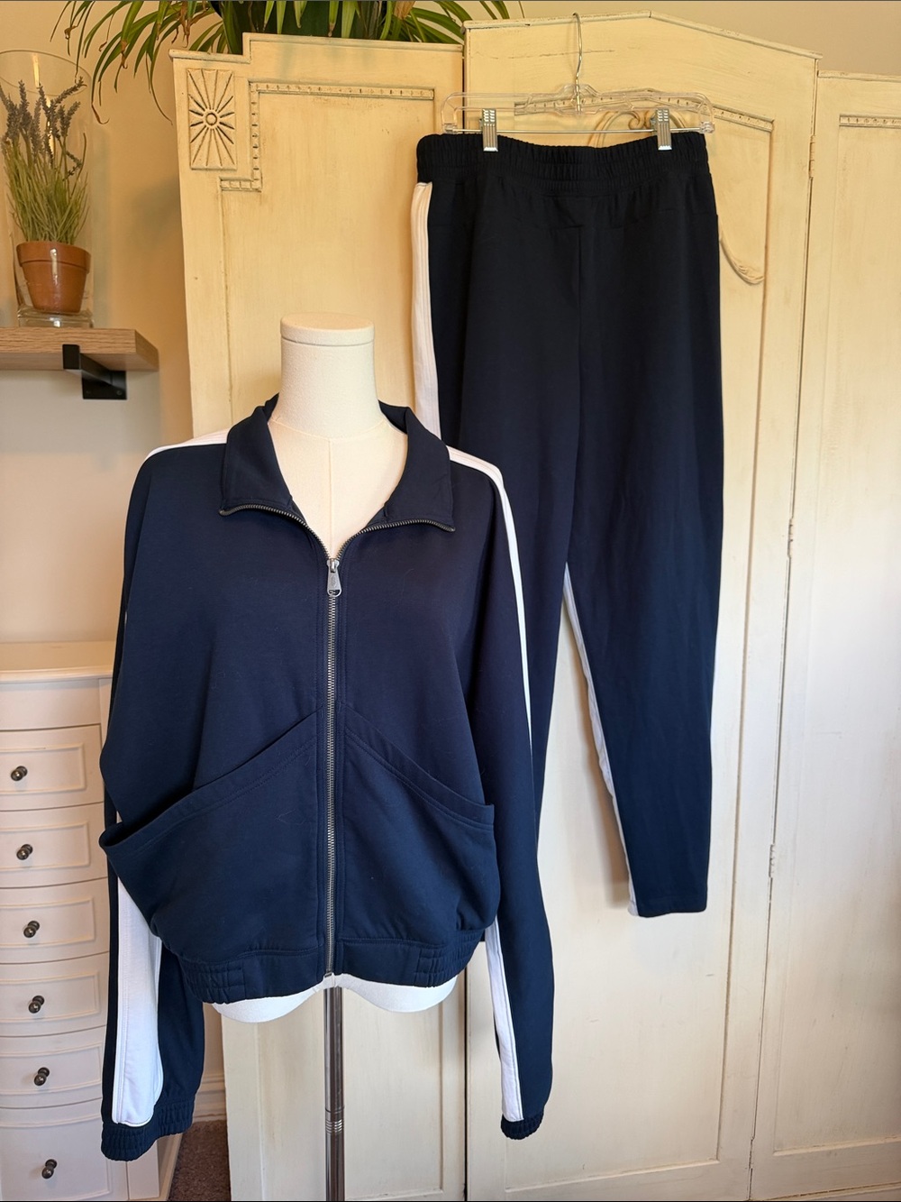 Free People Navy and White Track Jacket & Joggers Set